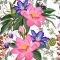 Nature seamless pattern. Hand drawn summer background: pink lotus flower, herbs and violet clematis, orchids flowers.