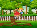 Cartoon boy pushing a pile of hearts in wood trolley for you Royalty Free Stock Photo
