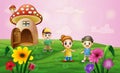 Mushroom house with children playing in the field Royalty Free Stock Photo