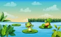 A pond scene with frog and turtle sits on the lotus Royalty Free Stock Photo