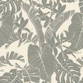 Exotic flower and palm bananas leaves illustration. Light pastel vintage green seamless pattern.