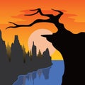 The background illustration depicts a black cliff and an arid tree