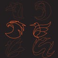six line art logo of bird\'s head in orange on black background Royalty Free Stock Photo