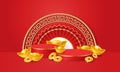 Chinese new year theme podium stage with gold ingots and coin