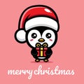 Cute penguin character is celebrating christmas holding a gift box