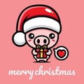 Cute pig character celebrating christmas holding gift box