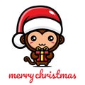 Cute monkey cartoon character celebrating christmas holding gift box