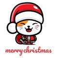 Cute lucky cat cartoon character celebrating christmas wearing santa claus hat