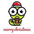 Cute chameleon character design celebrating christmas wearing santa claus hat