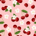 Seamless pattern with cherry berry, green leaves and white flowers on red background. Royalty Free Stock Photo