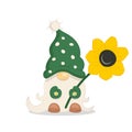 Garden gnome in green hat holding sunflower spring gnome