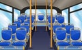 Empty bus interior with blue seats and bus handle Royalty Free Stock Photo