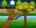 Background scene with river bridge and trees at night Royalty Free Stock Photo