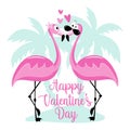 Happy Valentine`s Day - cute cartoon flamingos with hearts in island.