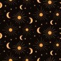 Beautiful orange sun, moon and stars seamless pattern on dark background in boho style.