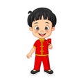 Cartoon happy chinese boy holding a envelope Royalty Free Stock Photo