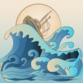 Boat and Ocean Waves Vector Illustration and T-shirt Graphics Royalty Free Stock Photo