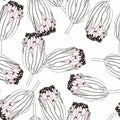 Scandinavian seamless pattern with protea flower. Simple minimalistic wallpaper pattern.