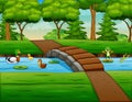 Cartoon duckling and frogs playing in a river