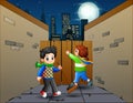 Cartoon boy sweeping the street at night Royalty Free Stock Photo