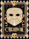 Bauta Venetian carnival mask, card in art deco style