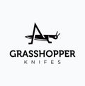 Grasshopper knife logo design silhouette black symbol badge. Unique logo design with Knife and grasshopper insect concept