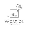 Minimalist palm sunset sunrise beach logo design Line art icon vector illustration. beach waves on tropical islands, beach line ar