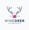 Simple Minimalist Wine head Deer logo line art monoline design. Beer Emblem With Deer horn logo with glass Vector Label Stock