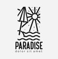 Minimalist palm sunset sunrise beach logo design Line art icon vector illustration. beach waves on tropical island, beach line art Royalty Free Stock Photo