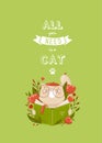 Print. vector poster `all you need is a cat`. A funny cat is reading a book.