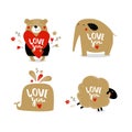 Print. Vector set of cards with cute animals `love you`.