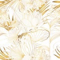 Exotic tropical floral golden line flowers, protea, fan palm leaves seamless pattern. White background. Royalty Free Stock Photo