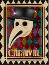 Venetian carnival mask Plague doctor, card in art deco style