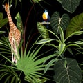 Giraffe anima with tropical green leaves and flowers. Cartoon exotic seamless illustration repeating pattern on black background.