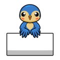 Cute little blue bird cartoon with blank sign Royalty Free Stock Photo