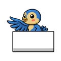 Cute little blue bird cartoon with blank sign waving hand Royalty Free Stock Photo