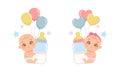 Cute baby boy and girl gender reveal with milk bottle and balloons