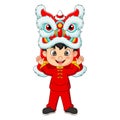 Cartoon chinese boy with lion dance Royalty Free Stock Photo