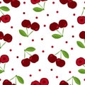 Red cherry and fruit halves with leaves seamless pattern on white background. Royalty Free Stock Photo