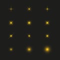 Bright yellow star set. Glow stars effect. Sparkling magical elements.