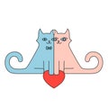 Two cute cats blue and pink with red heart. Love Valentine illustration.