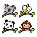 Cute animal bundle set character design resting on a tree branch