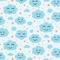 Cute smiling blue clouds seamless pattern with stars Royalty Free Stock Photo