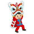 Cartoon chinese boy with lion dance Royalty Free Stock Photo