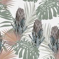 Seamless tropical protea flowers and monstera leaves pattern with palms on light background. Royalty Free Stock Photo