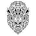 Hand drawn of gorilla head in zentangle style