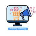 Customer support, Marketing technology, business comunication with shopping cart and speaker icon.