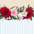 Horizontal striped pattern with red gerbera and pink eustoma, leaves, bud and herbs. Royalty Free Stock Photo