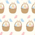 Easter Bunny in a Wicker Basket with Eggs Flying Butterflies Easter Seamless Pattern Royalty Free Stock Photo