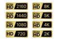 HD labels set - Full, Ultra, Quad, high definition badge. 8K, 4K, 2K, 1080, 720 pixel resolution of screen